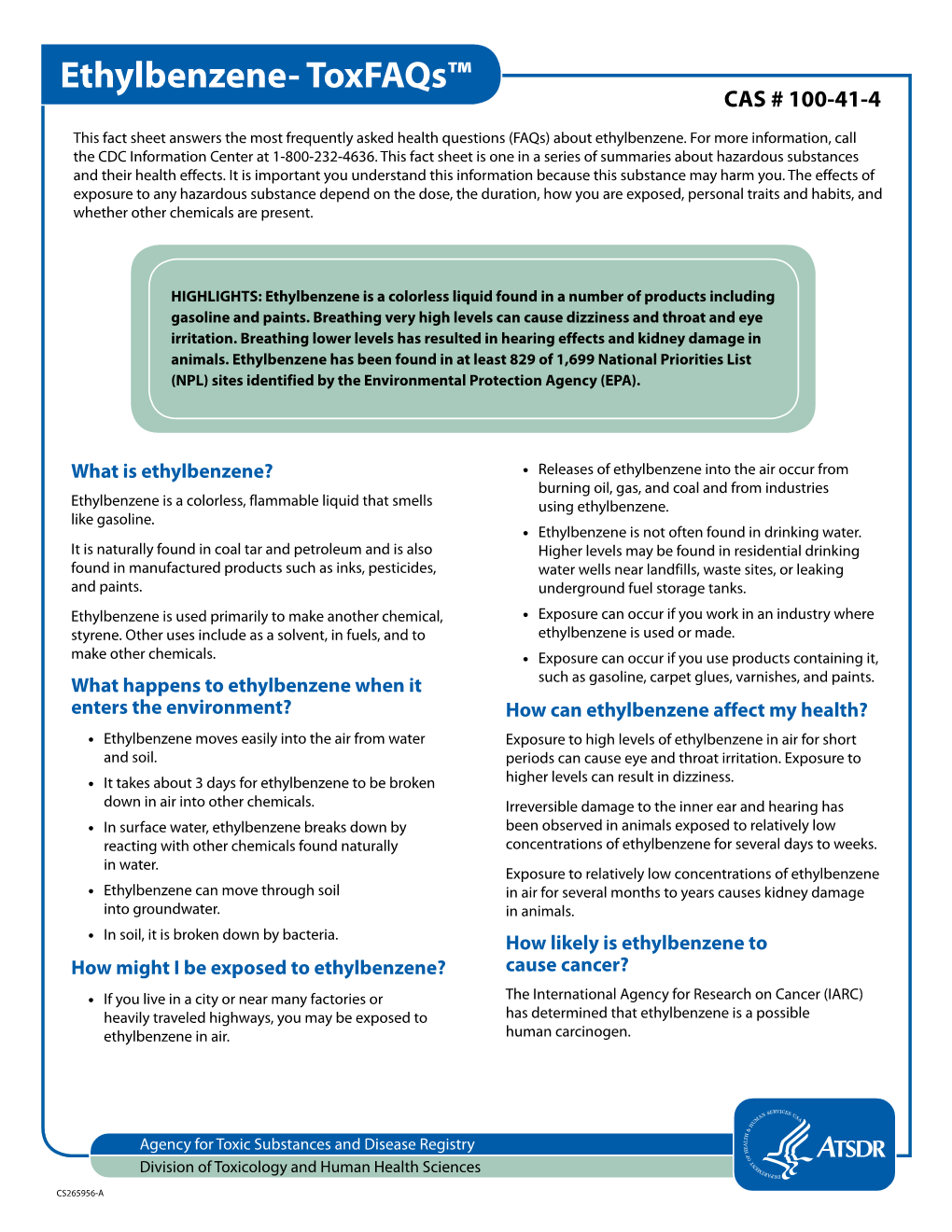 Ethylbenzene- Toxfaqs™ CAS # 100-41-4