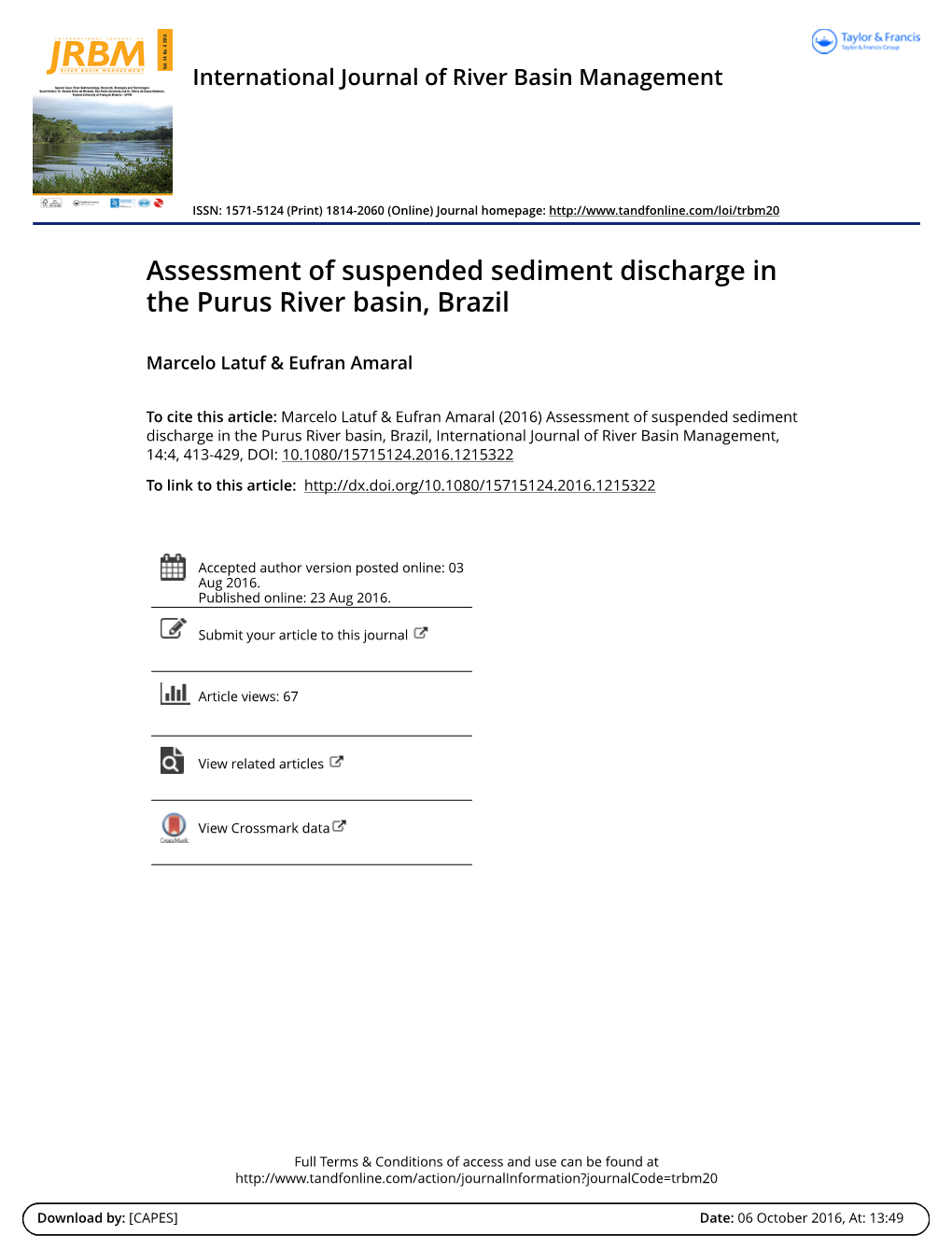 Assessment of Suspended Sediment Discharge in the Purus River Basin, Brazil