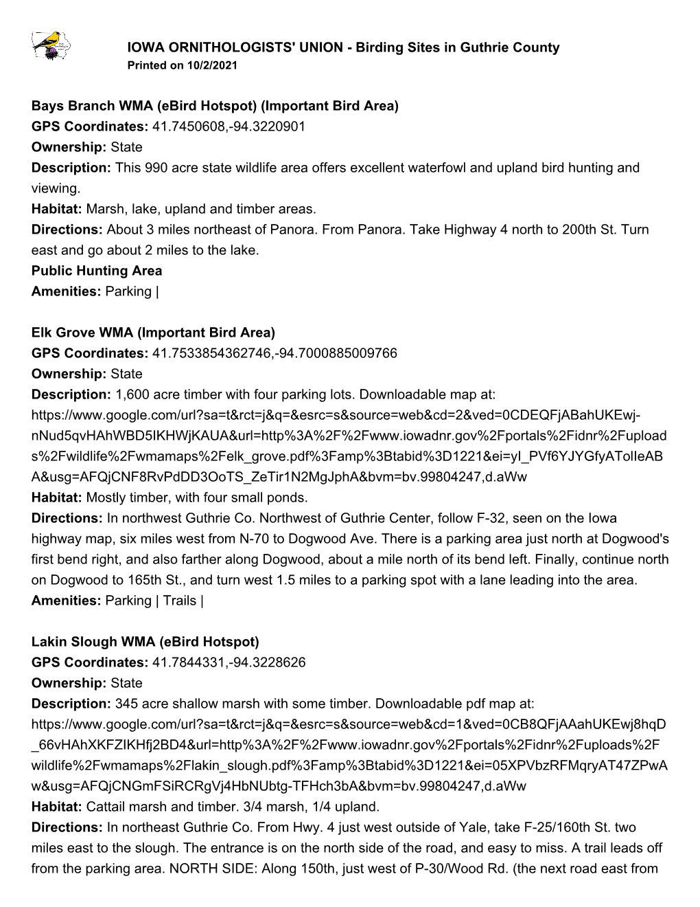 Birding Sites in Guthrie County Bays Branch WMA (Ebird Hotspot)