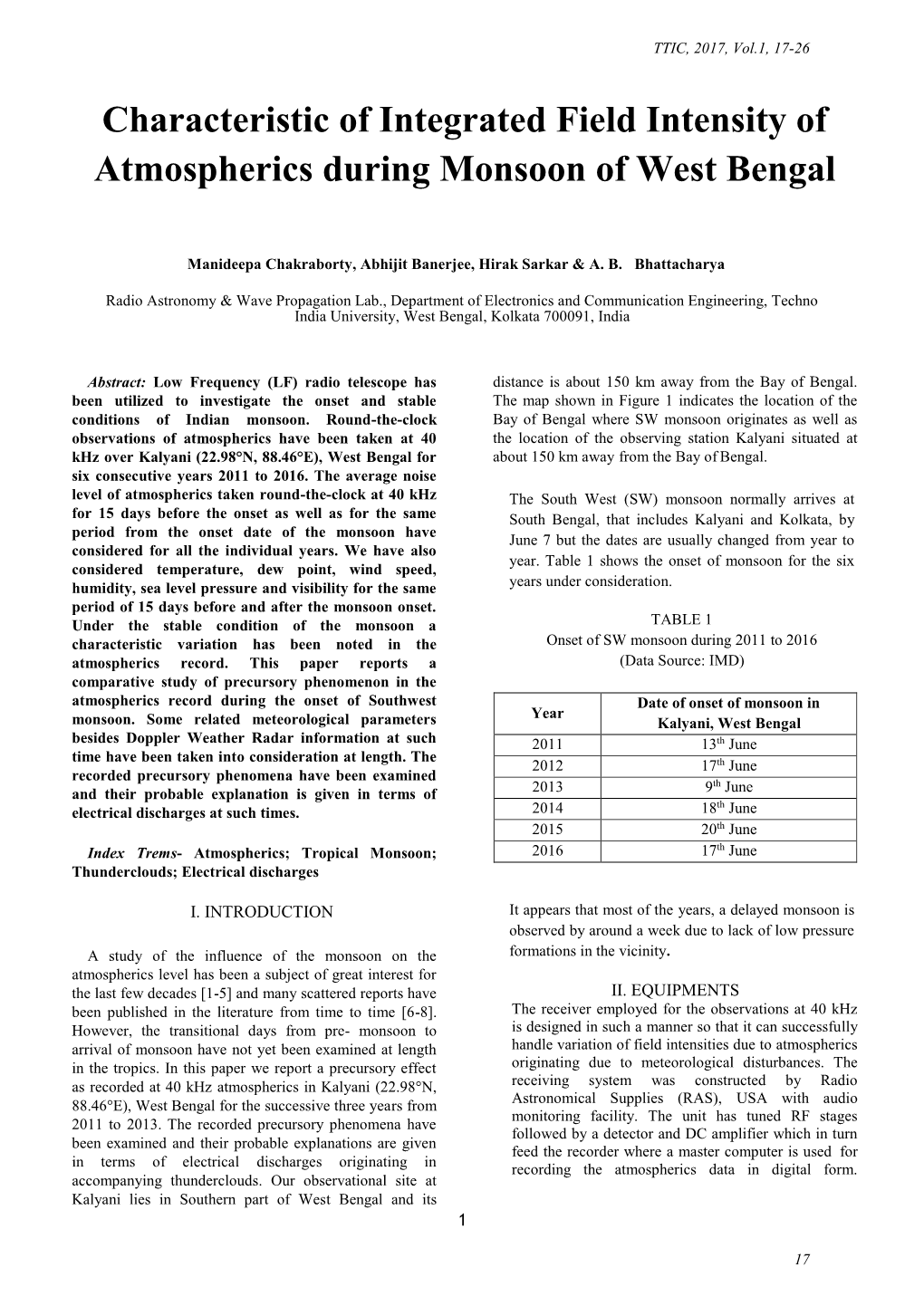 Characteristic of Integrated Field Intensity of Atmospherics During Monsoon of West Bengal