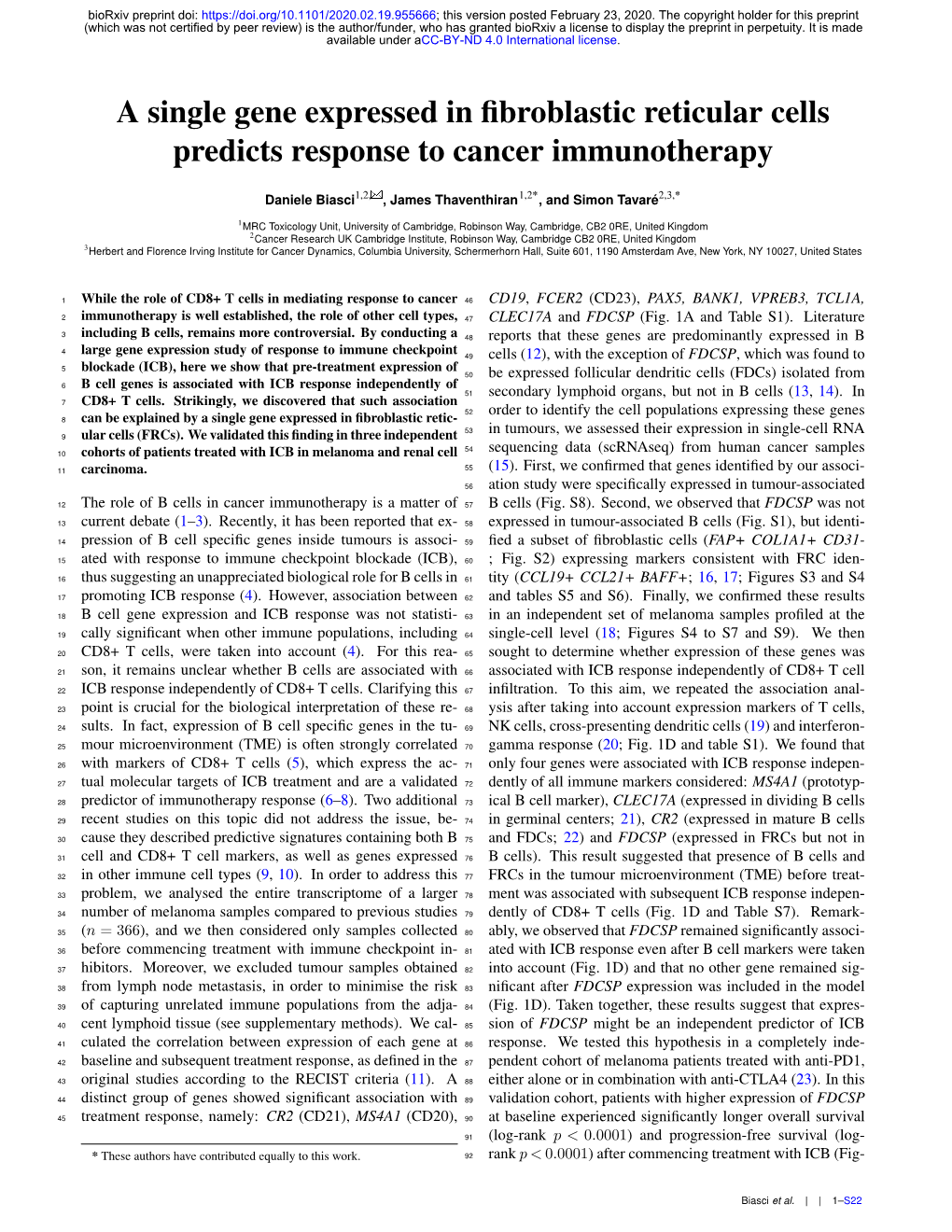 A Single Gene Expressed in Fibroblastic Reticular Cells Predicts