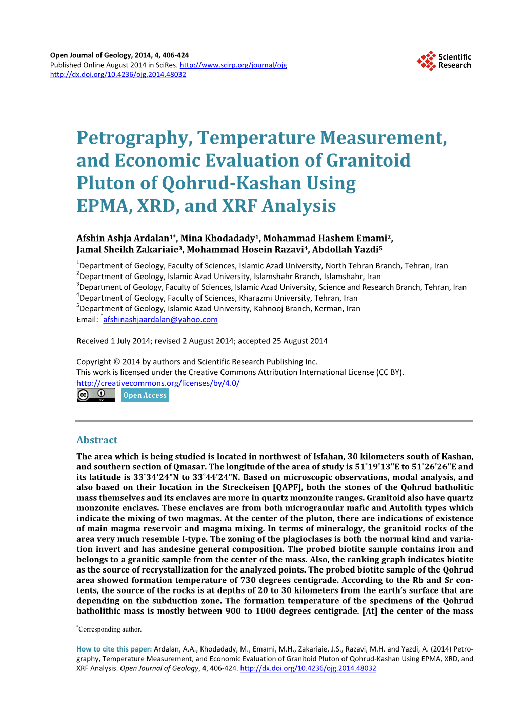 Petrography, Temperature Measurement, and Economic Evaluation of Granitoid Pluton of Qohrud-Kashan Using EPMA, XRD, and XRF Analysis