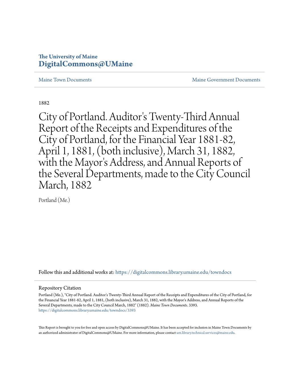 City of Portland. Auditor's Twenty-Third Annual Report of The