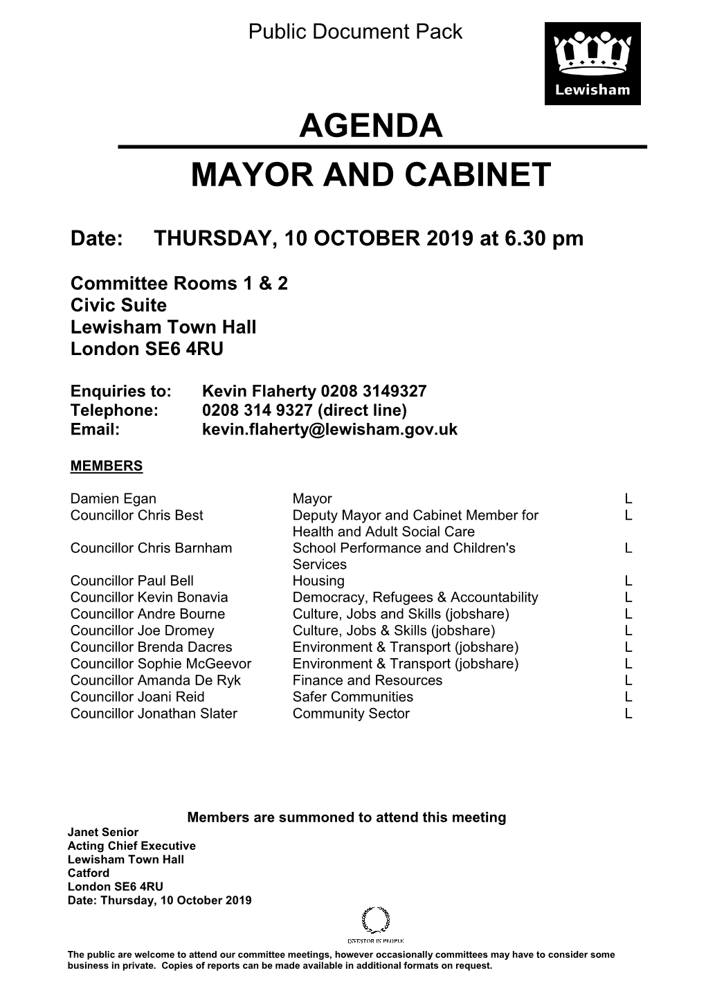 (Public Pack)Agenda Document for Mayor and Cabinet, 10/10/2019 18:30