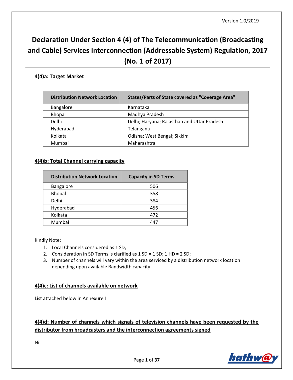 Declaration Under Section 4 (4) of the Telecommunication (Broadcasting and Cable) Services Interconnection (Addressable System) Regulation, 2017 (No