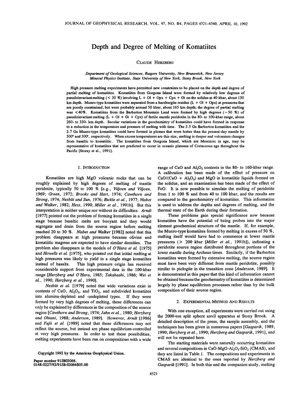 Depth and Degree of Melting of Komatiites