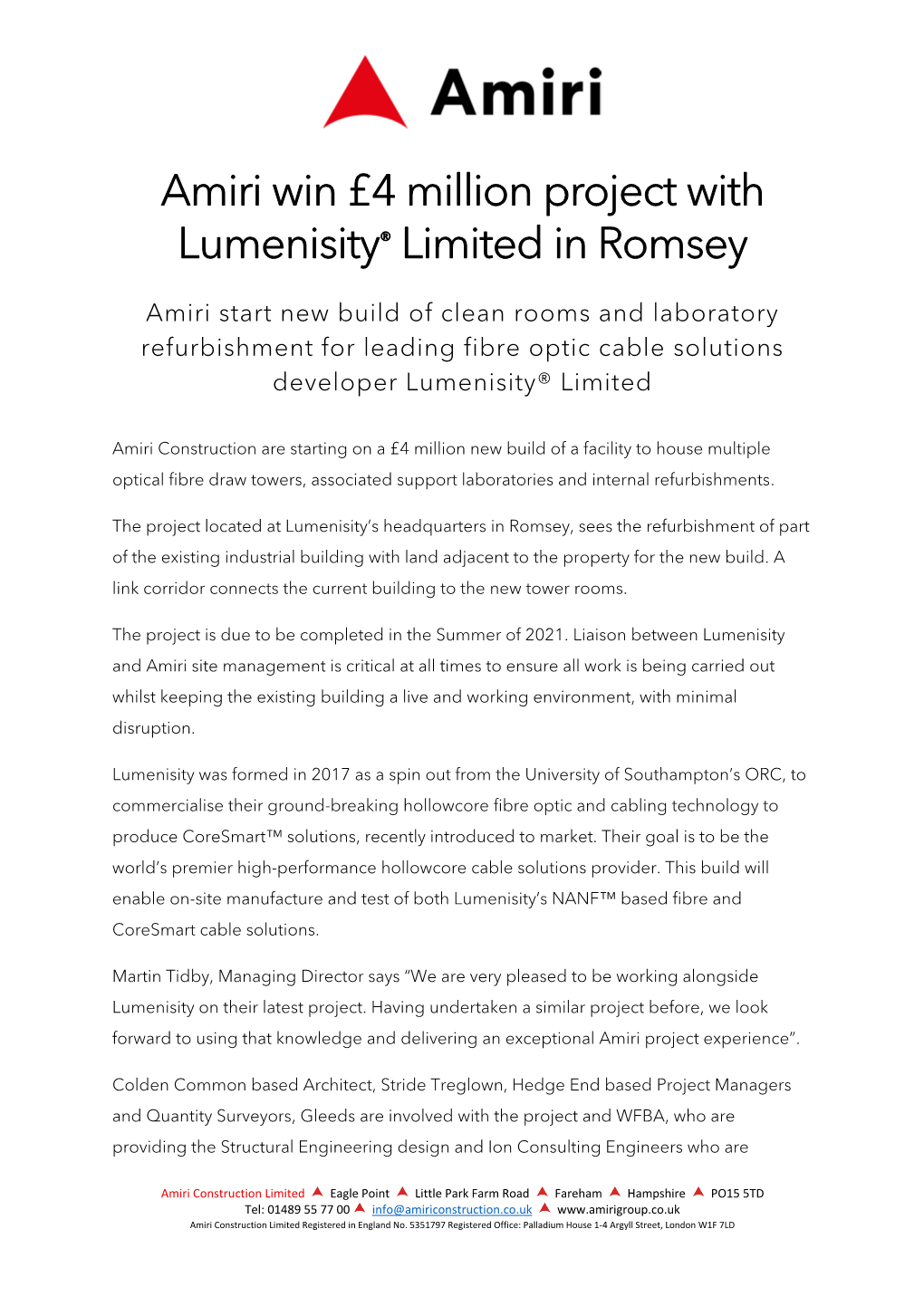 Amiri Win £4 Million Project with Lumenisity® Limited in Romsey