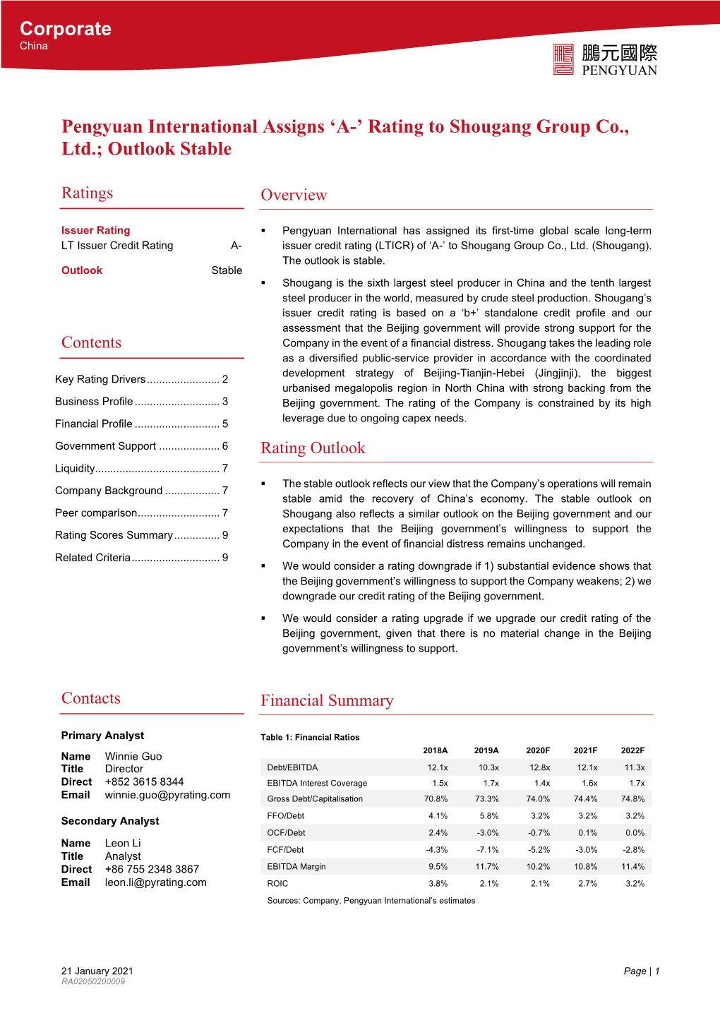 'A-' Rating to Shougang Group Co., Ltd.; Outlook Stable