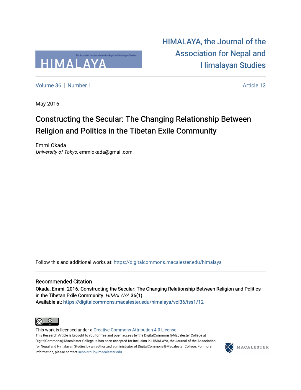 Constructing the Secular: the Changing Relationship Between Religion and Politics in the Tibetan Exile Community