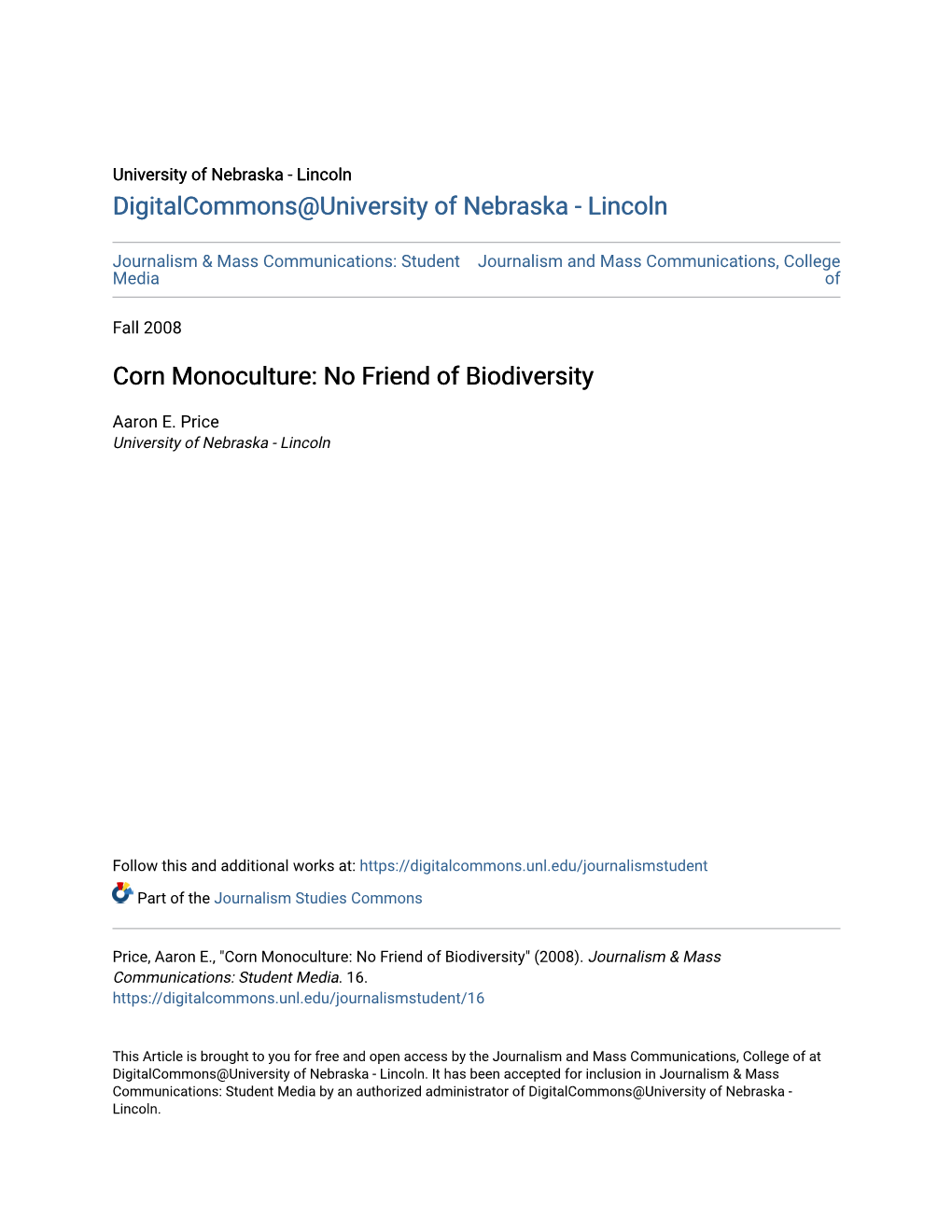 Corn Monoculture: No Friend of Biodiversity