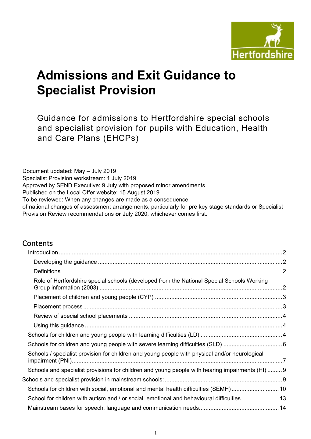 Admissions Guidance to Specialist Provision