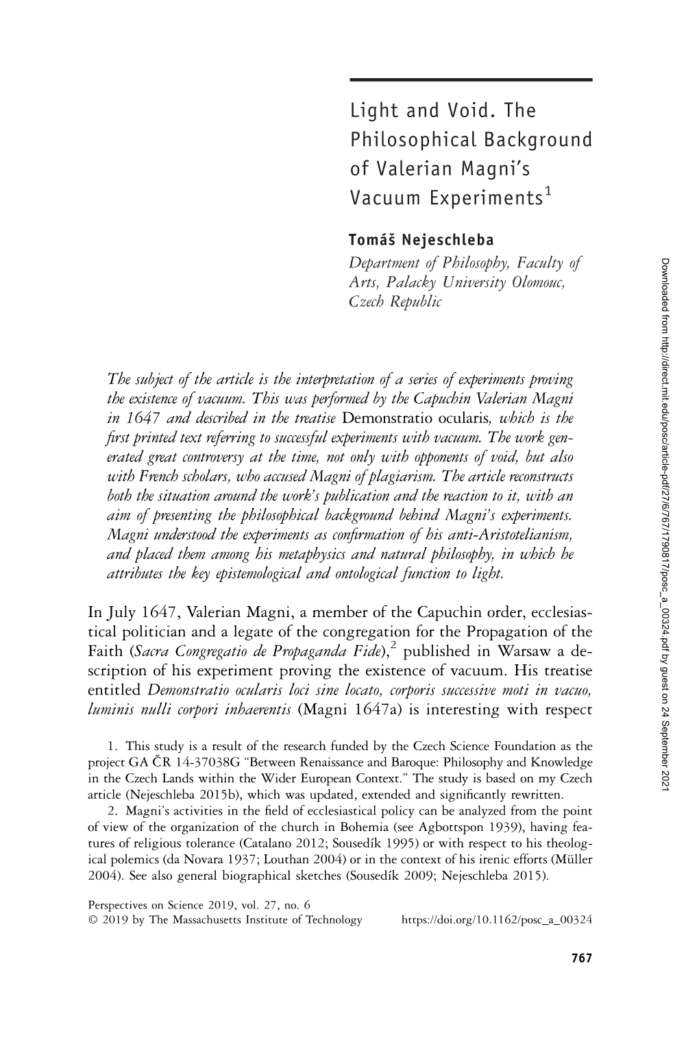 Light and Void. the Philosophical Background of Valerian Magni’S Vacuum Experiments1