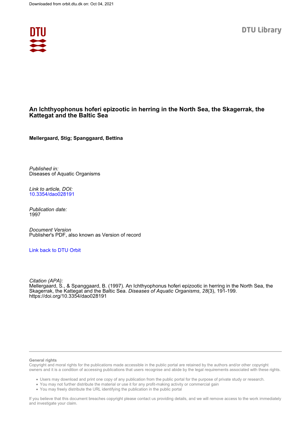 An Ichthyophonus Hoferi Epizootic in Herring in the North Sea, the Skagerrak, the Kattegat and the Baltic Sea