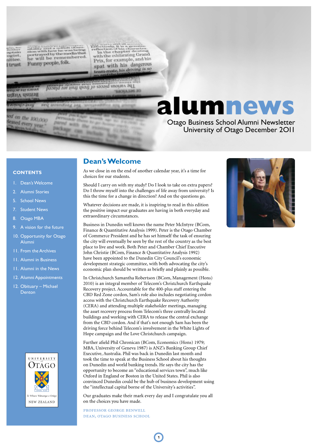 Alumnews Otago Business School Alumni Newsletter University of Otago December 2O11