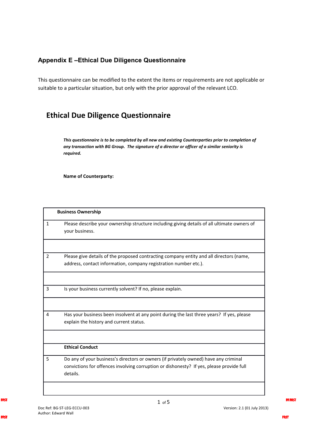 Appendix E Ethical Due Diligence Questionnaire