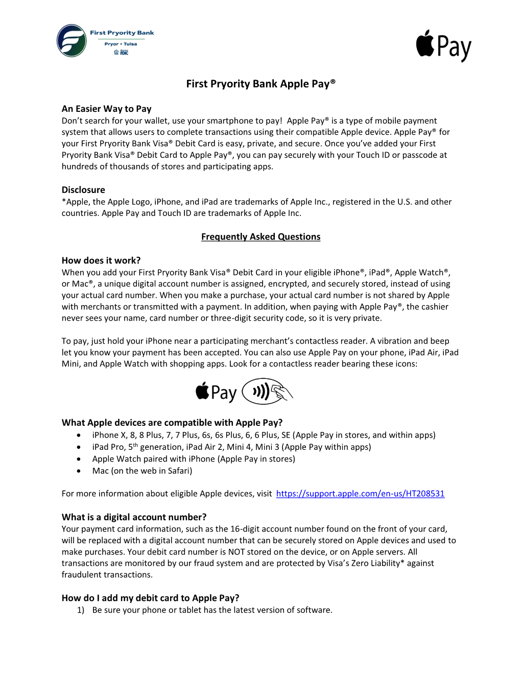 First Pryority Bank Apple Pay®