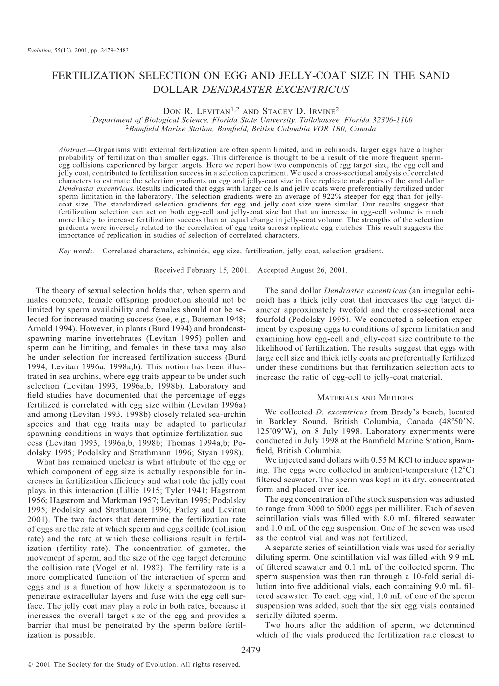 Fertilization Selection on Egg and Jelly-Coat Size in the Sand Dollar Dendraster Excentricus