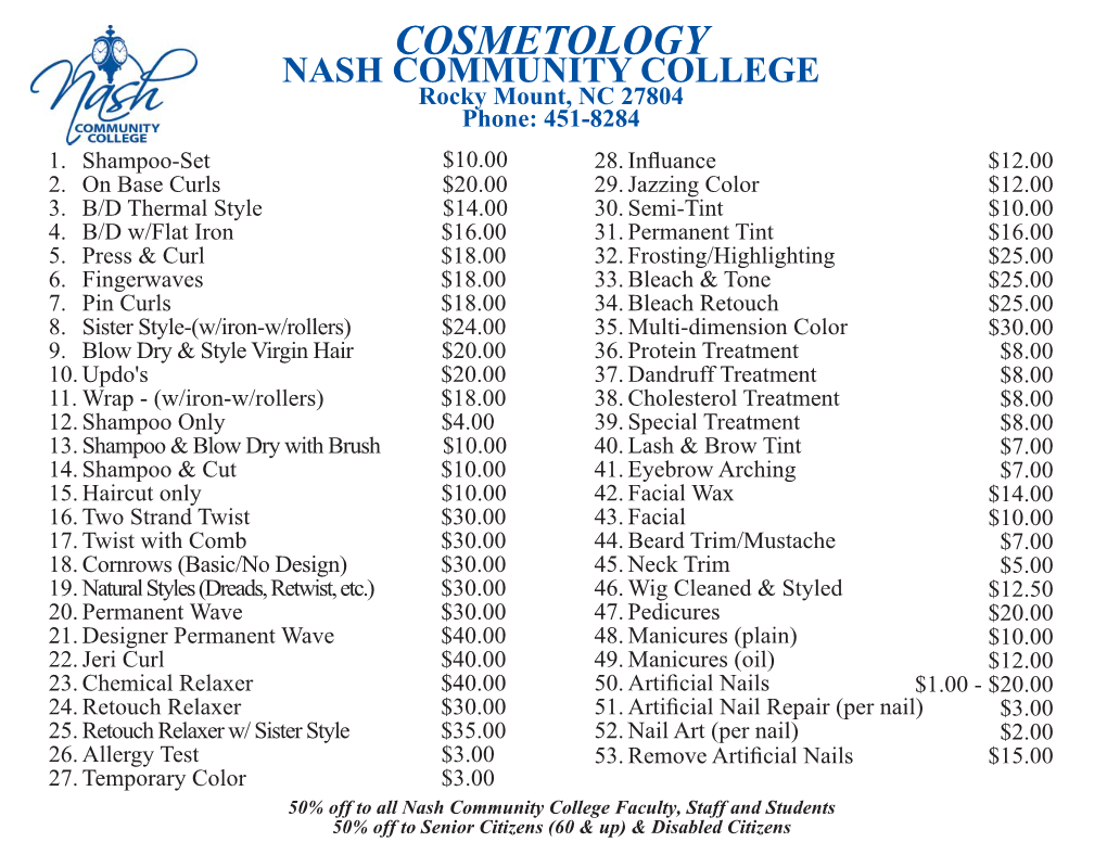 COSMETOLOGY NASH COMMUNITY COLLEGE Rocky Mount, NC 27804 Phone: 451-8284 1