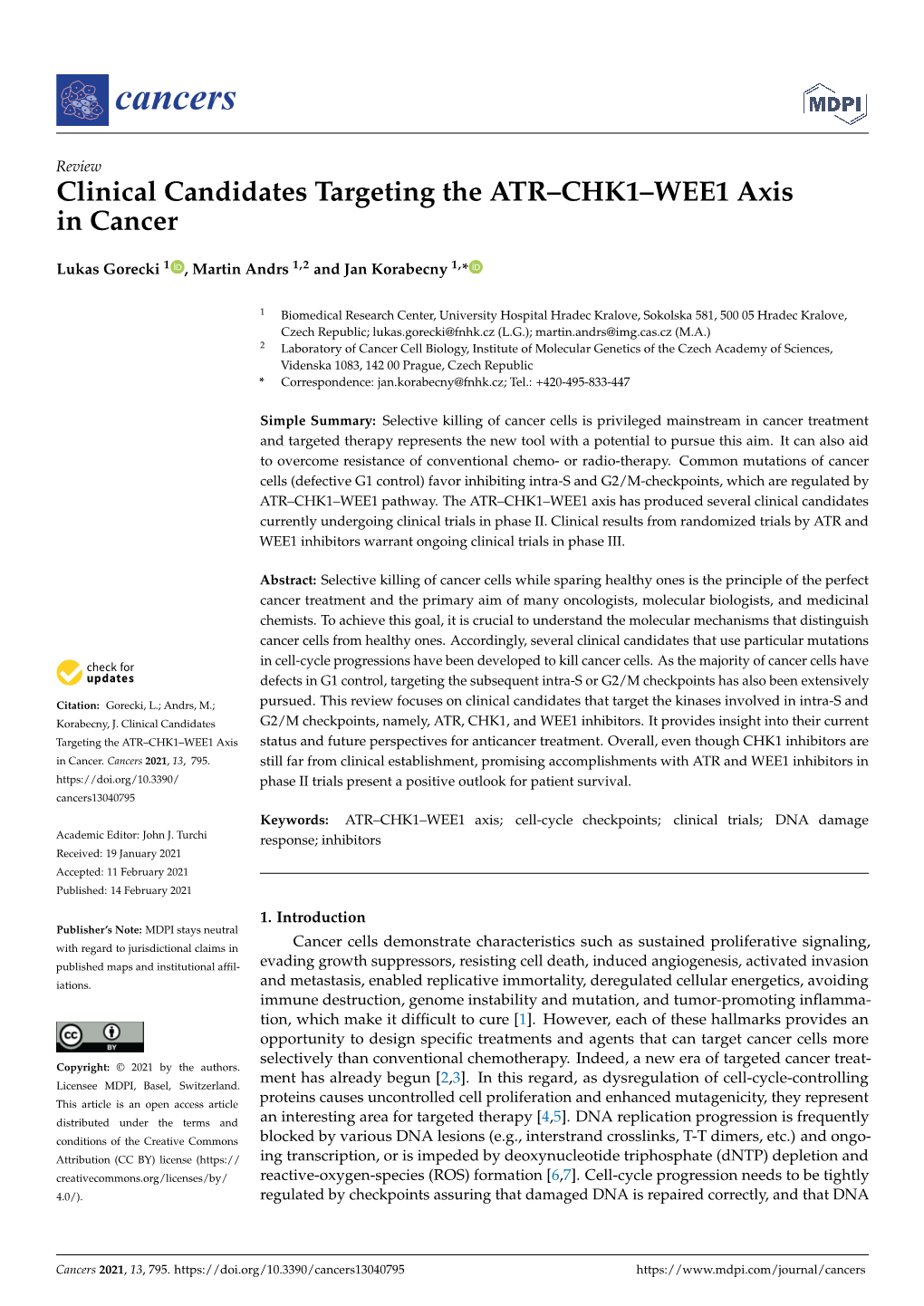 Clinical Candidates Targeting the ATR–CHK1–WEE1 Axis in Cancer