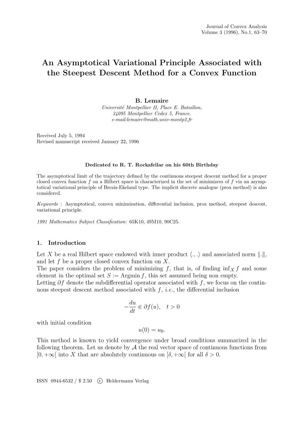 An Asymptotical Variational Principle Associated with the Steepest Descent Method for a Convex Function