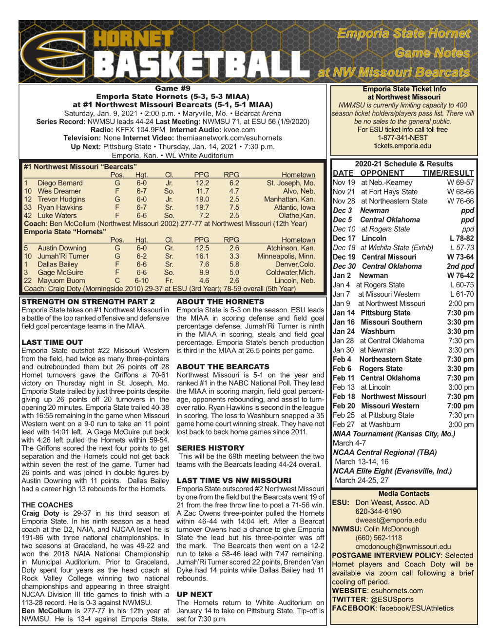 Emporia State Hornet Game Notes at NW Missouri Bearcats