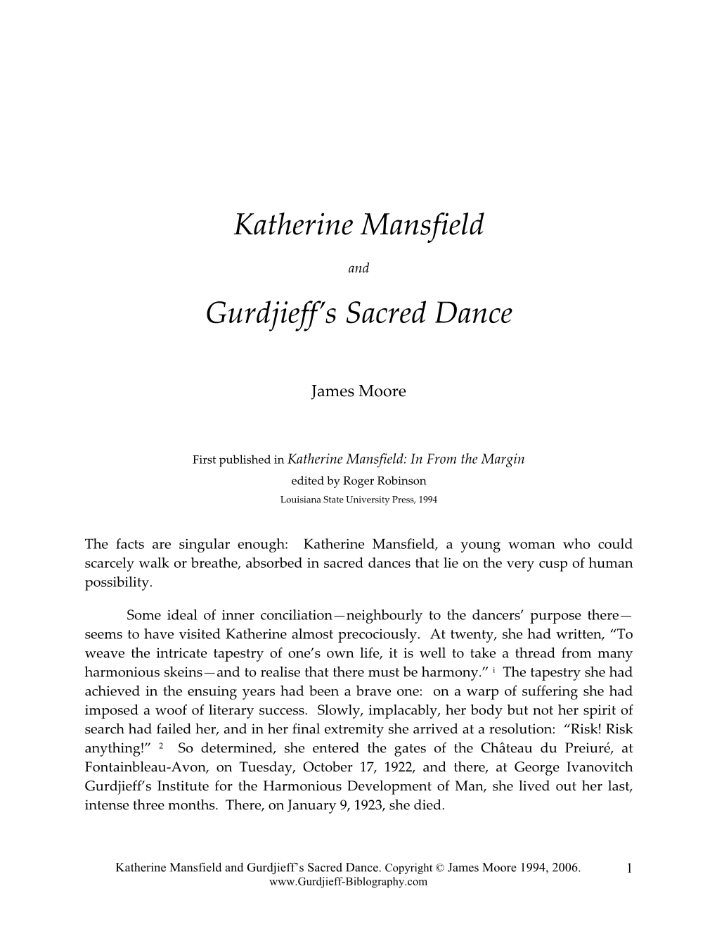 Katherine Mansfield Gurdjieff's Sacred Dance