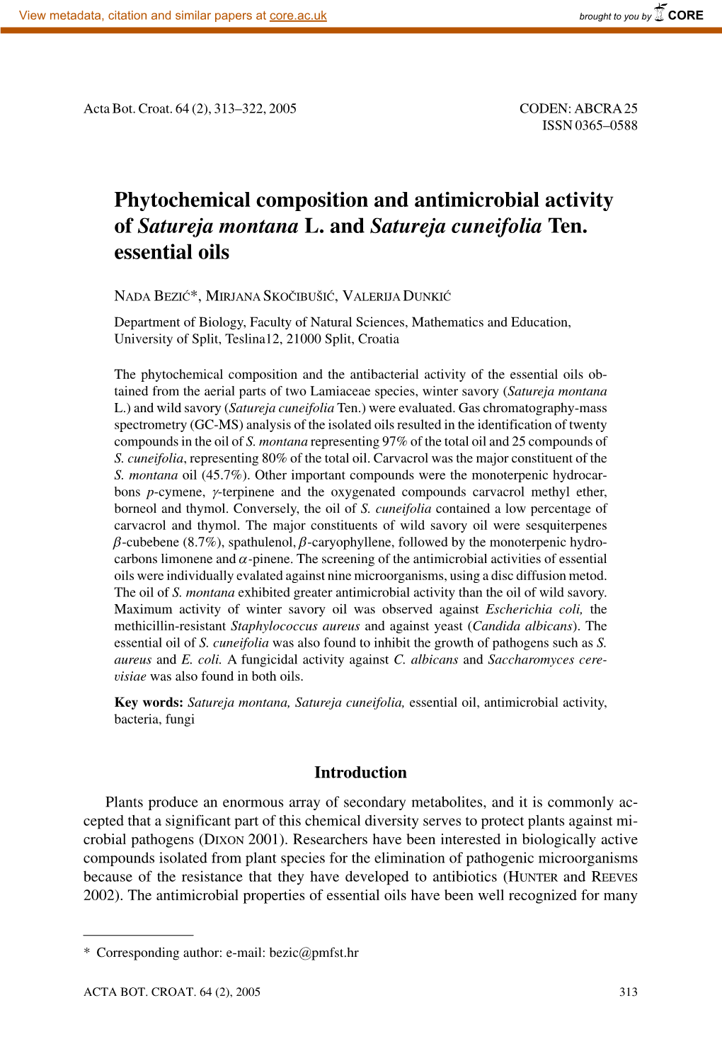 Phytochemical Composition and Antimicrobial Activity of Satureja Montana L. and Satureja Cuneifolia Ten. Essential Oils