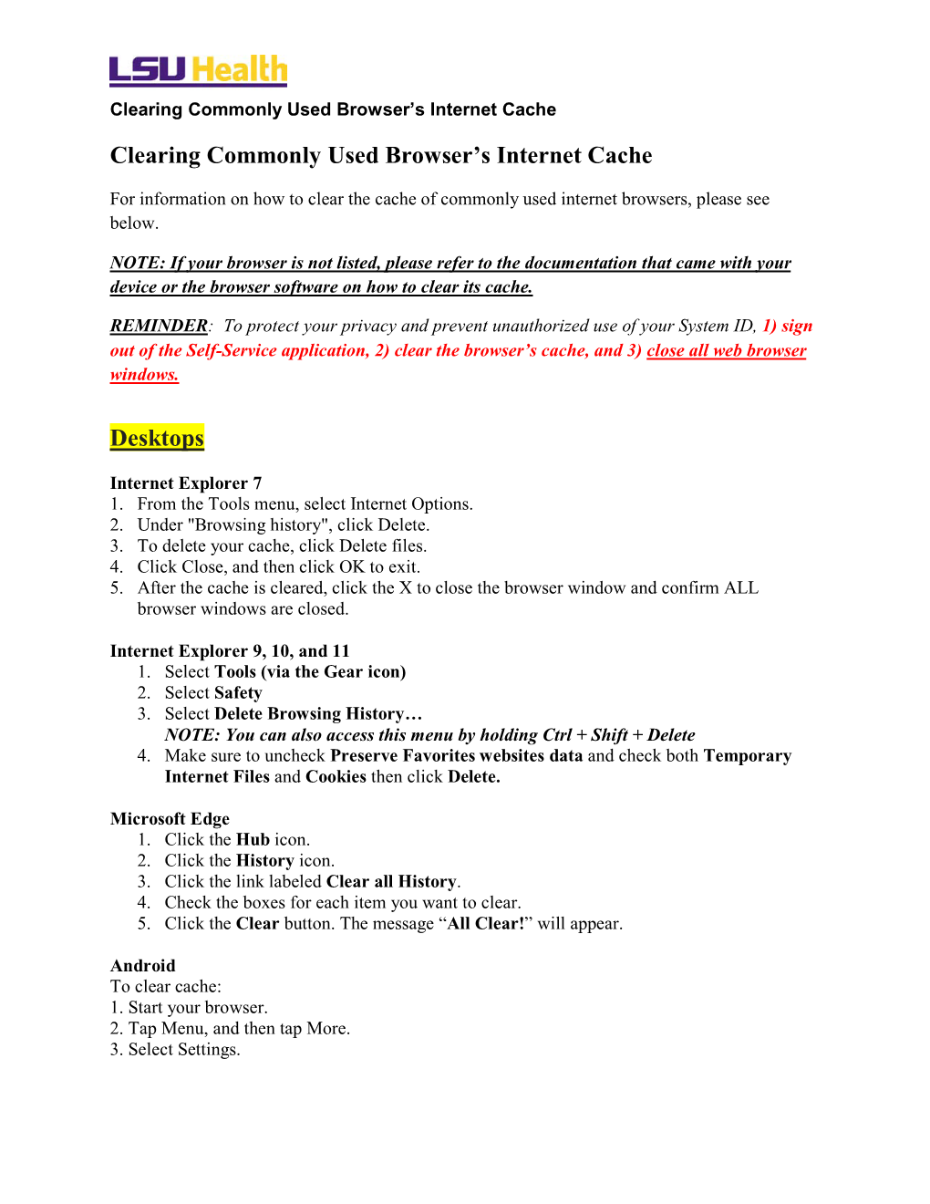 Clearing Commonly Used Browser's Internet Cache Desktops