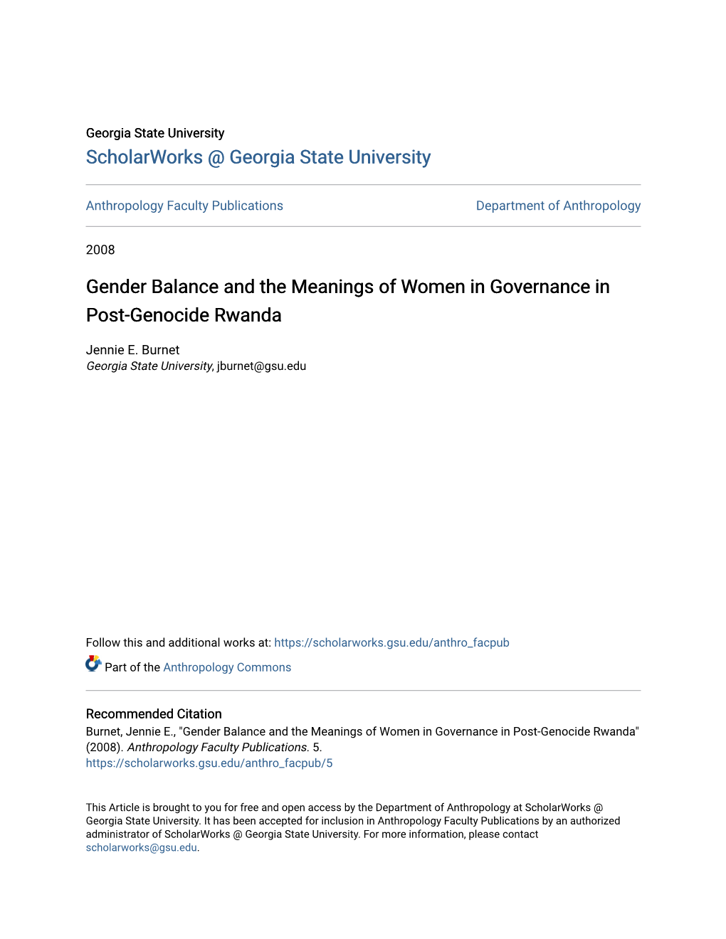 Gender Balance and the Meanings of Women in Governance in Post-Genocide Rwanda