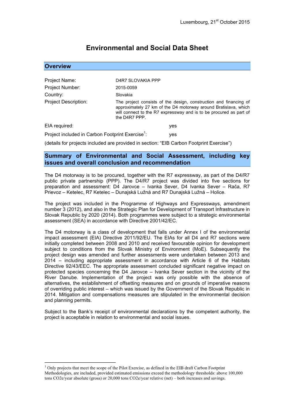 Environmental and Social Data Sheet