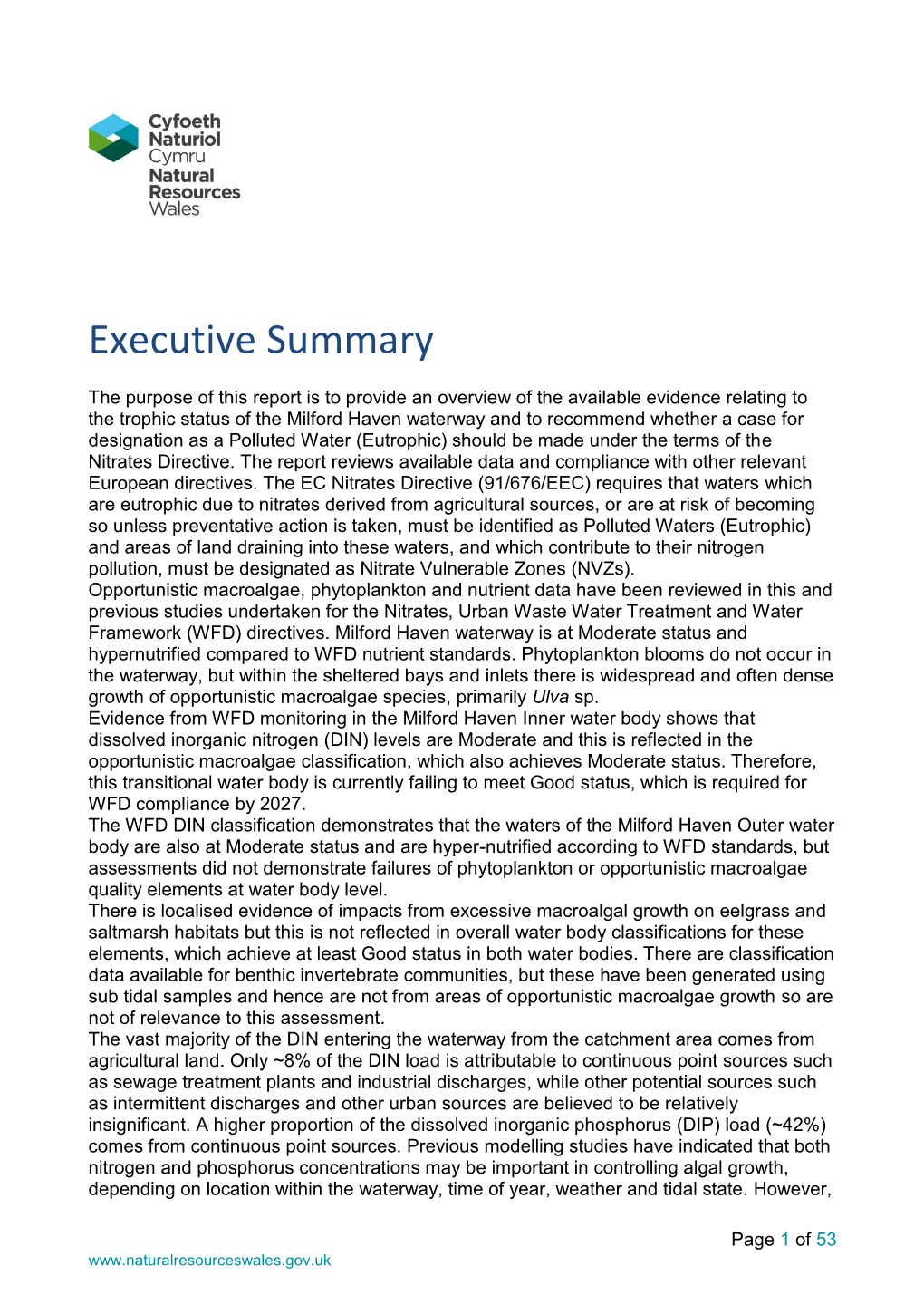 Evidence Review of the Trophic Status of the Milford Haven Waterway