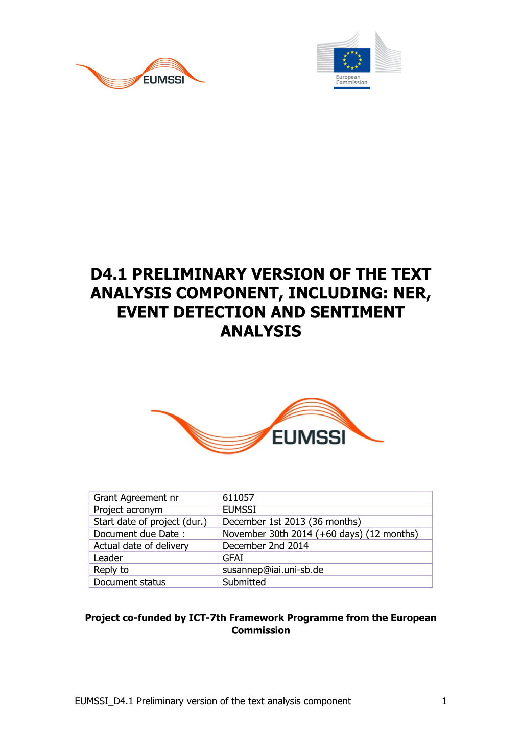 Preliminary Version of the Text Analysis Component, Including: Ner, Event Detection and Sentiment Analysis