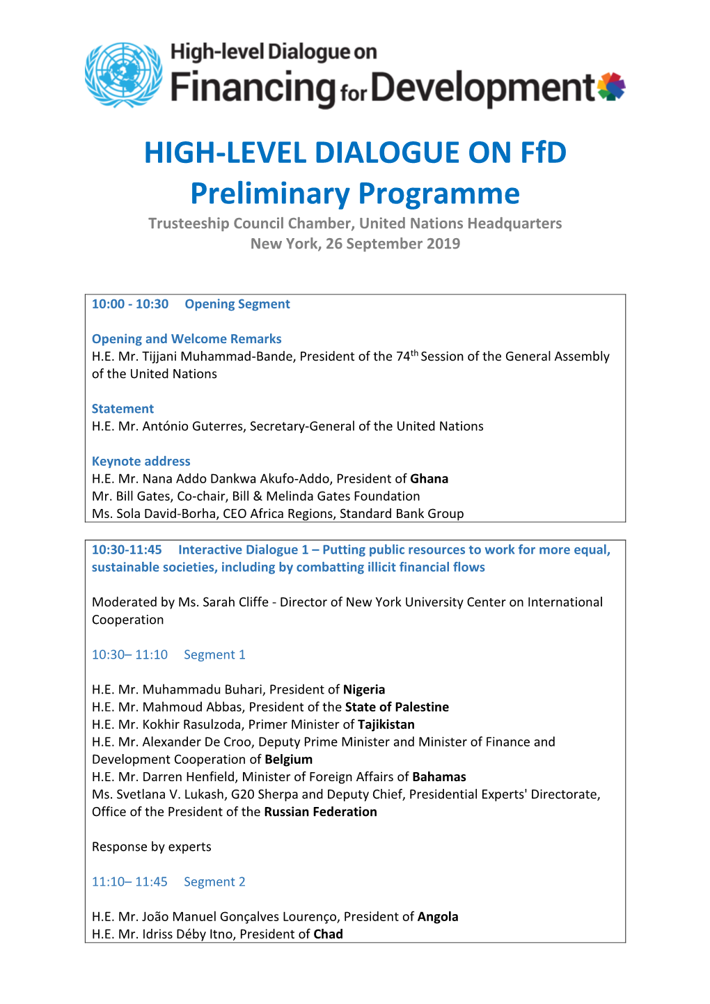 HIGH-LEVEL DIALOGUE on Ffd Preliminary Programme Trusteeship Council Chamber, United Nations Headquarters New York, 26 September 2019