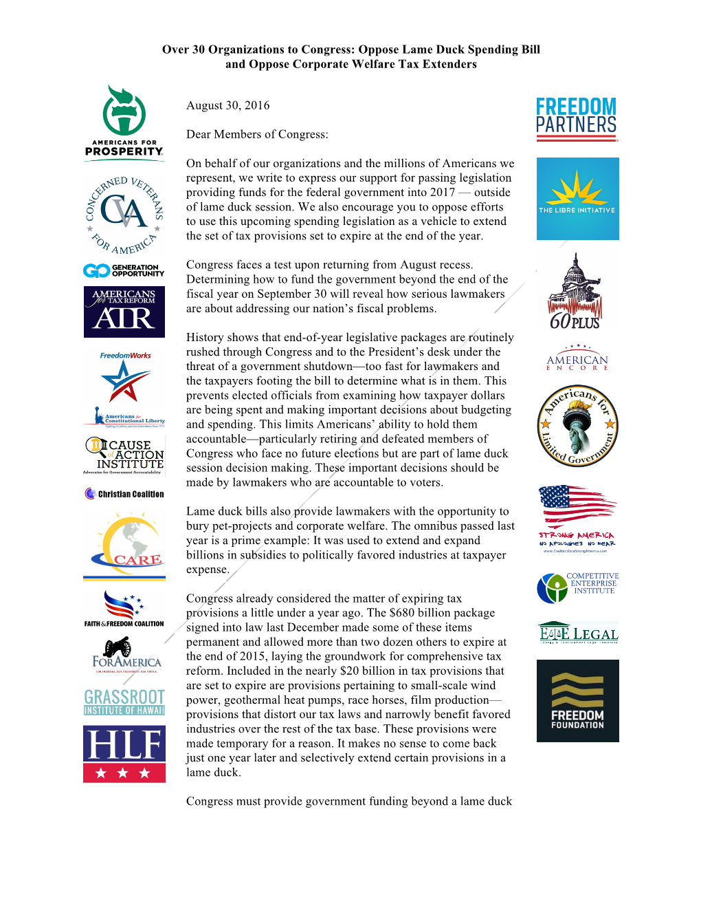 Over 30 Organizations to Congress: Oppose Lame Duck Spending Bill and Oppose Corporate Welfare Tax Extenders