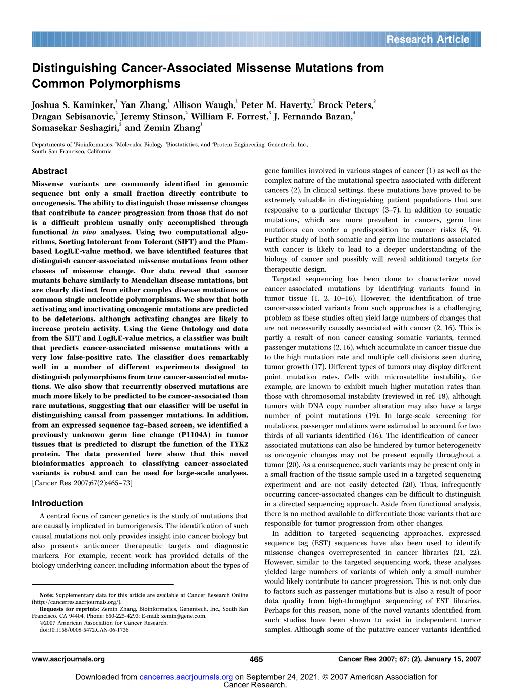 Distinguishing Cancer-Associated Missense Mutations from Common Polymorphisms