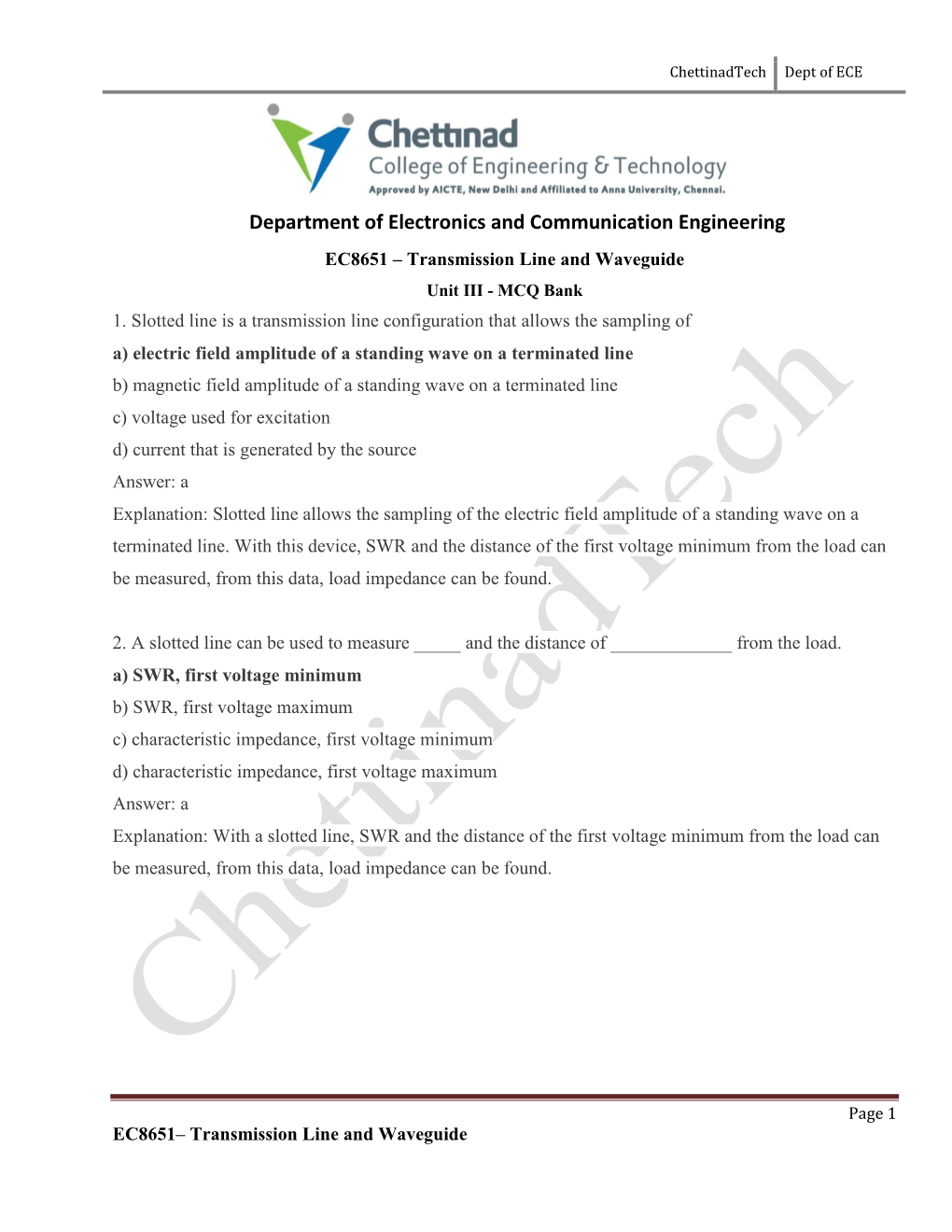 Department of Electronics and Communication Engineering EC8651 – Transmission Line and Waveguide Unit III - MCQ Bank 1