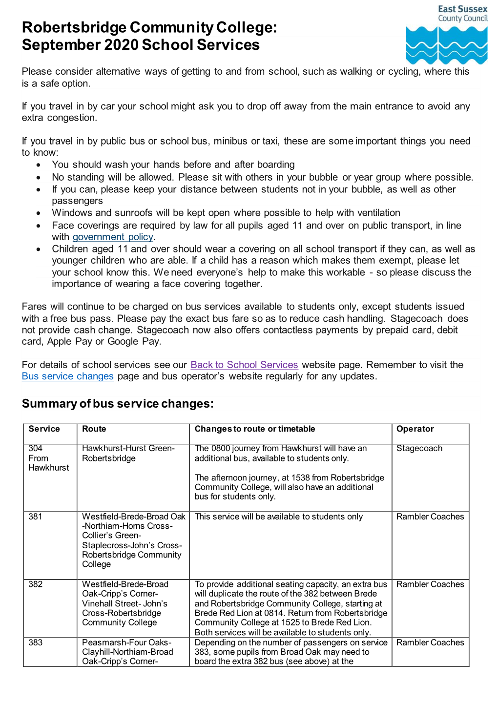 Robertsbridge Community College: September 2020 School Services