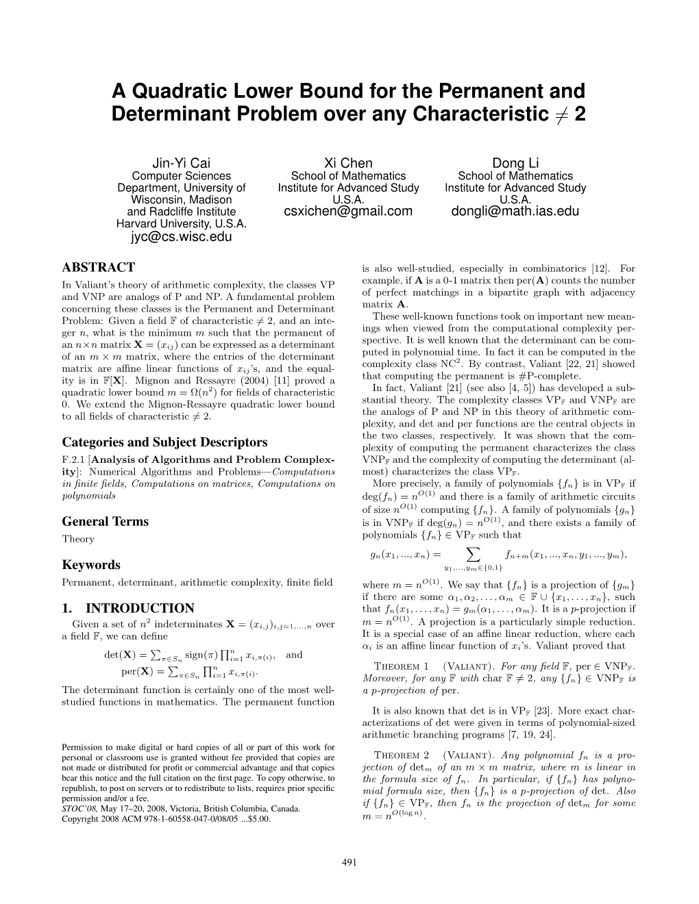 A Quadratic Lower Bound for the Permanent and Determinant Problem Over Any Characteristic \= 2