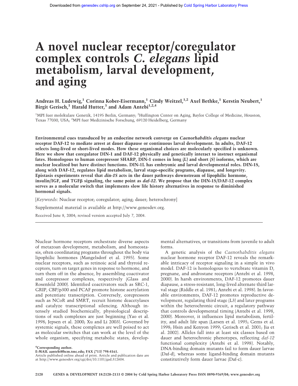 A Novel Nuclear Receptor/Coregulator Complex Controls C. Elegans Lipid Metabolism, Larval Development, and Aging