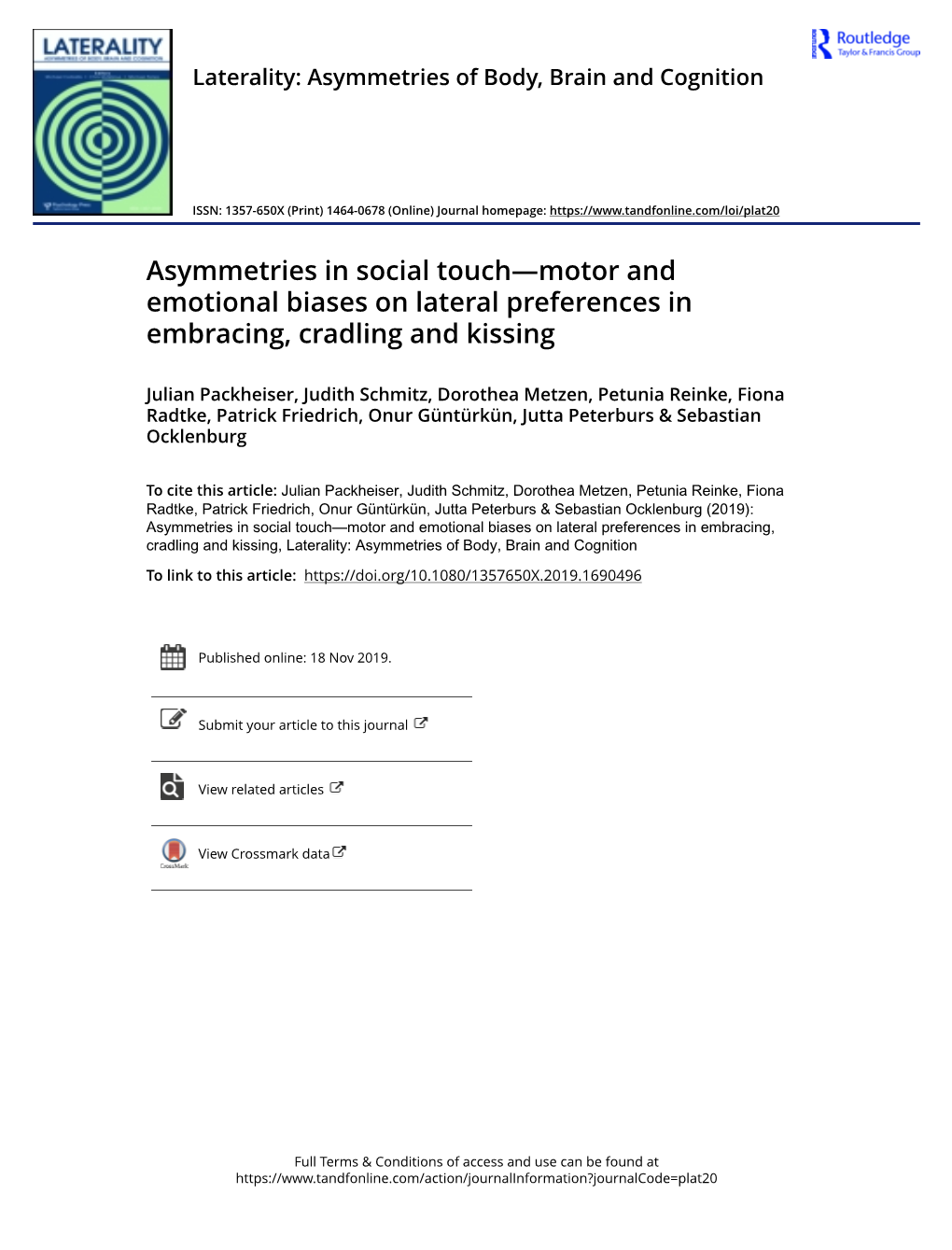 Asymmetries in Social Touch—Motor and Emotional Biases on Lateral Preferences in Embracing, Cradling and Kissing