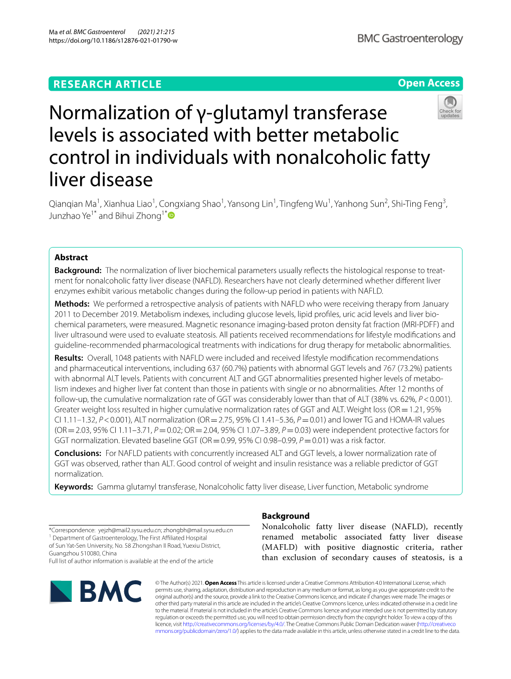 Normalization of Γ-Glutamyl Transferase Levels Is Associated With