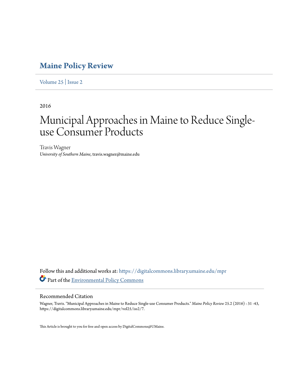 Municipal Approaches in Maine to Reduce Single-Use Consumer Products