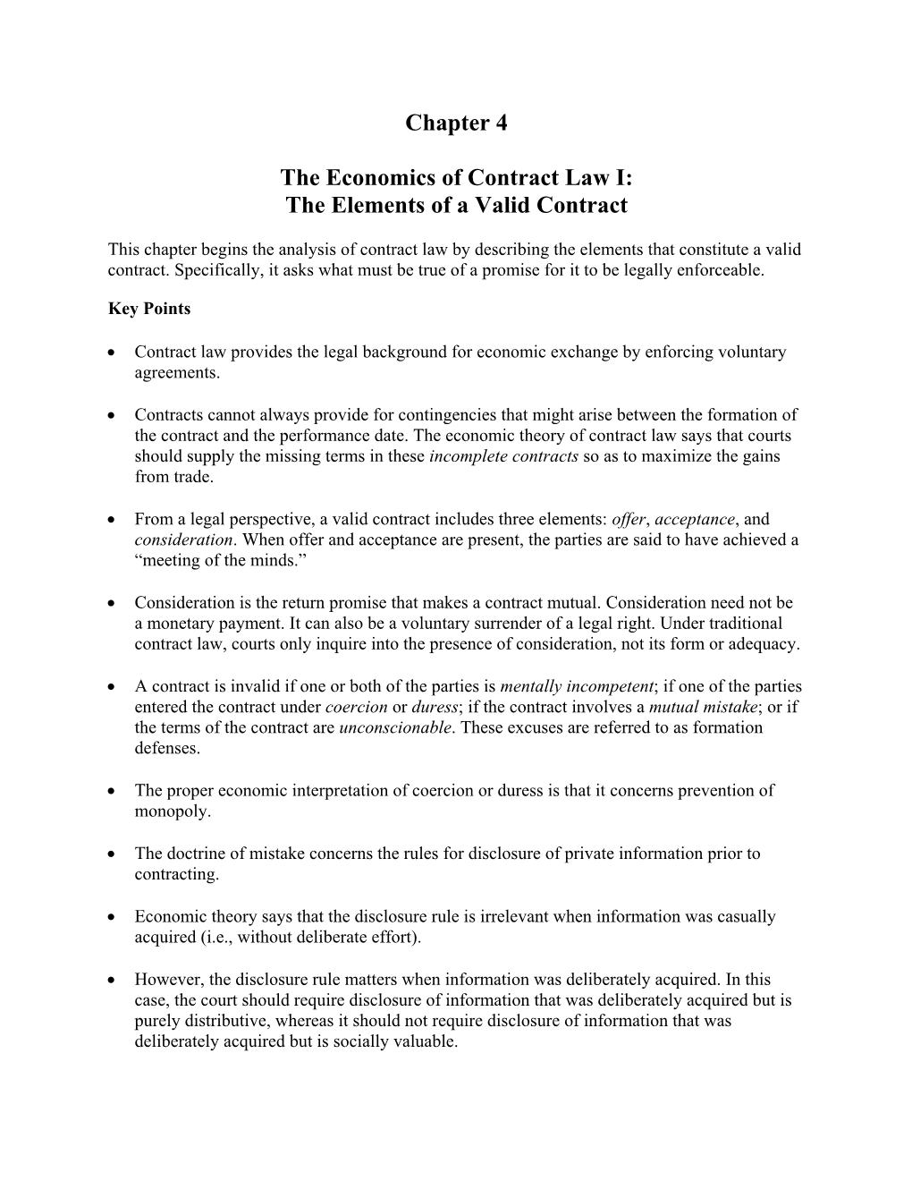 Chapter 4 the Economics of Contract Law I: the Elements of a Valid