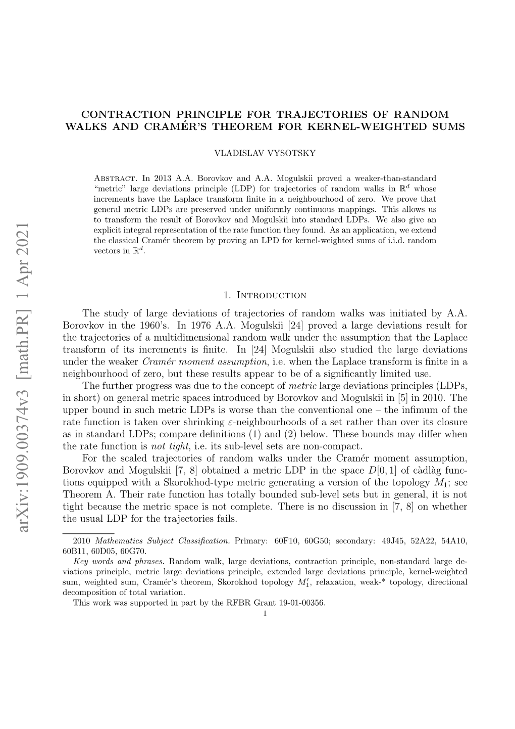 Arxiv:1909.00374V3 [Math.PR] 1 Apr 2021 2010 Mathematics Subject Classiﬁcation