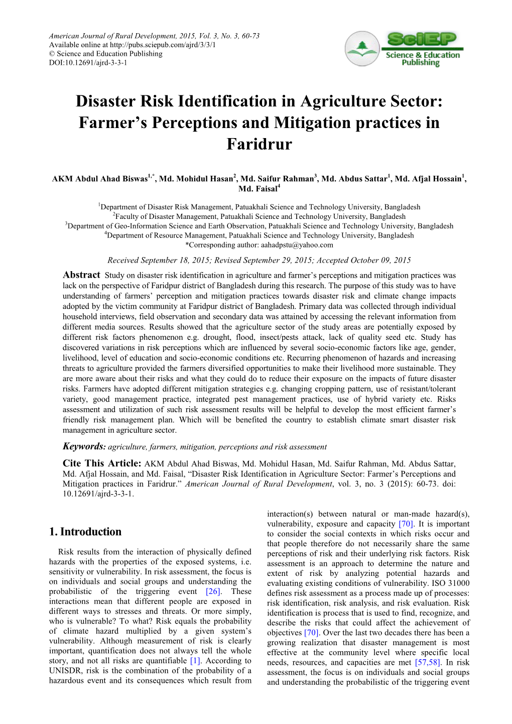 Farmer's Perceptions and Mitigation Practices in Faridrur