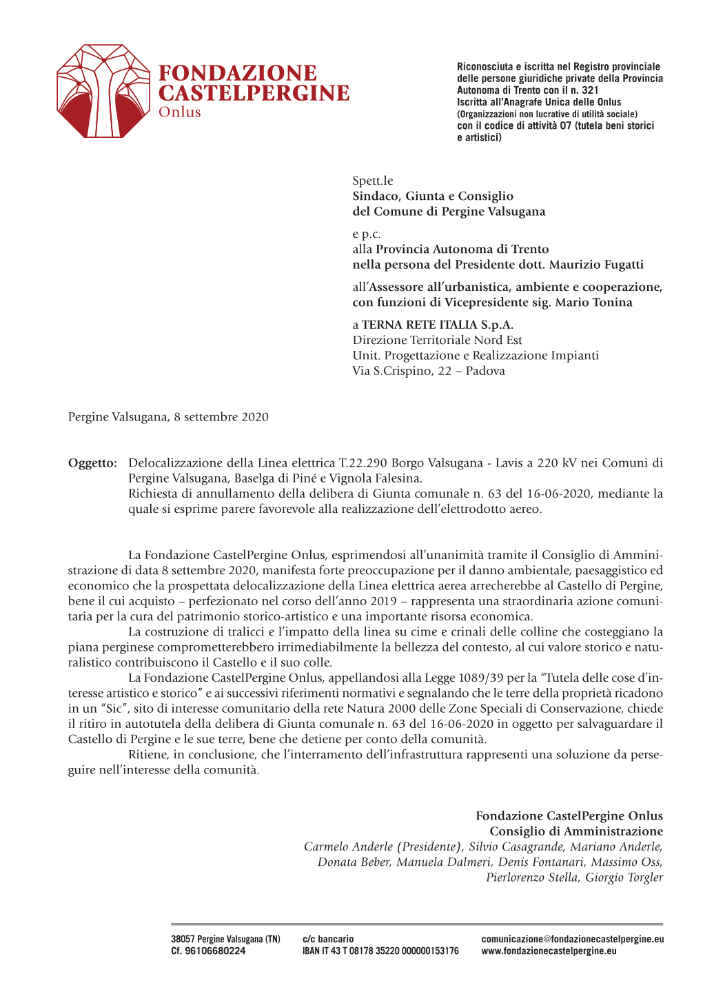 Spett.Le Sindaco, Giunta E Consiglio Del Comune Di Pergine Valsugana E P.C