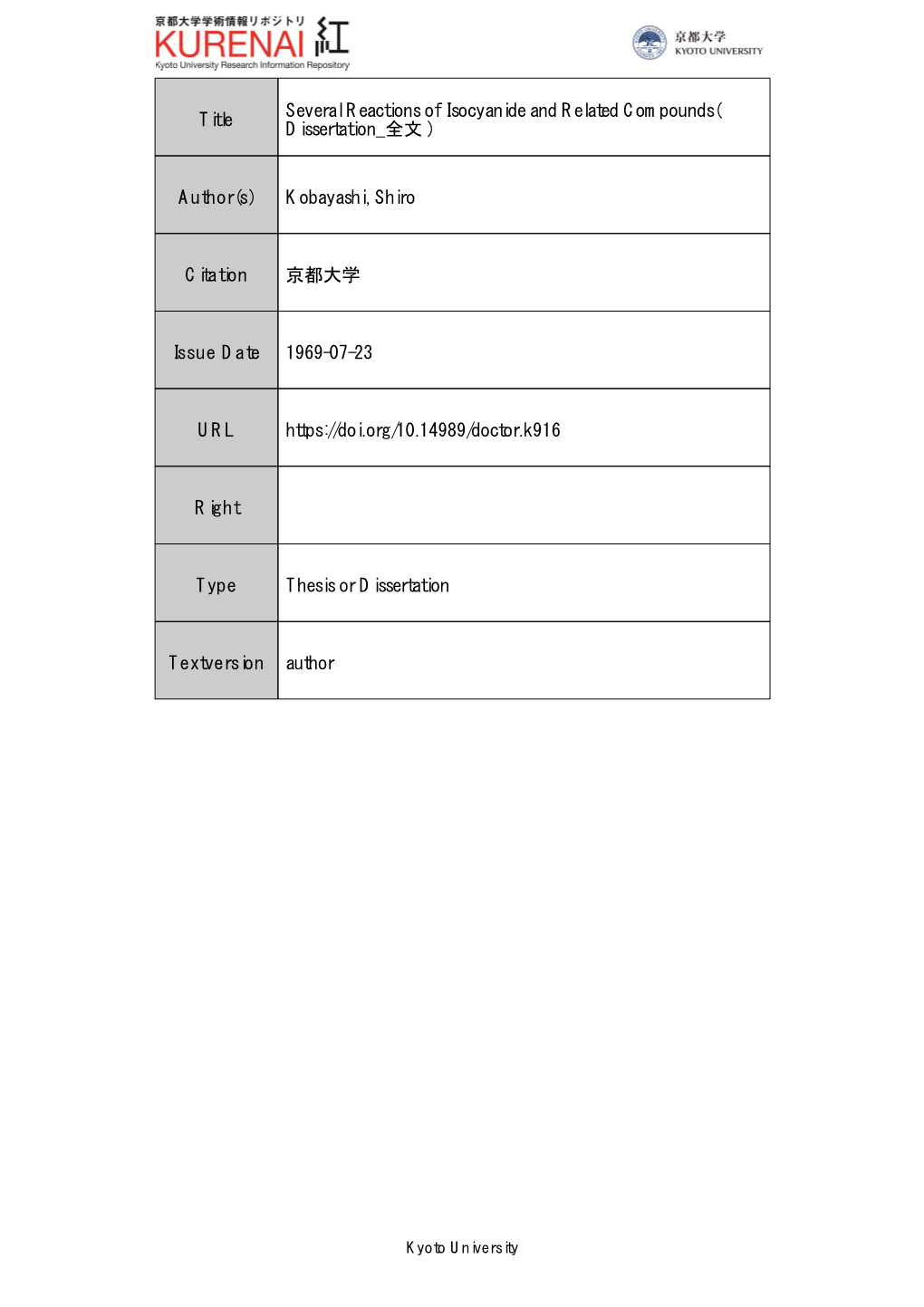 Title Several Reactions of Isocyanide and Related Compounds( Dissertation 全文 ) Author(S) Kobayashi, Shiro Citation