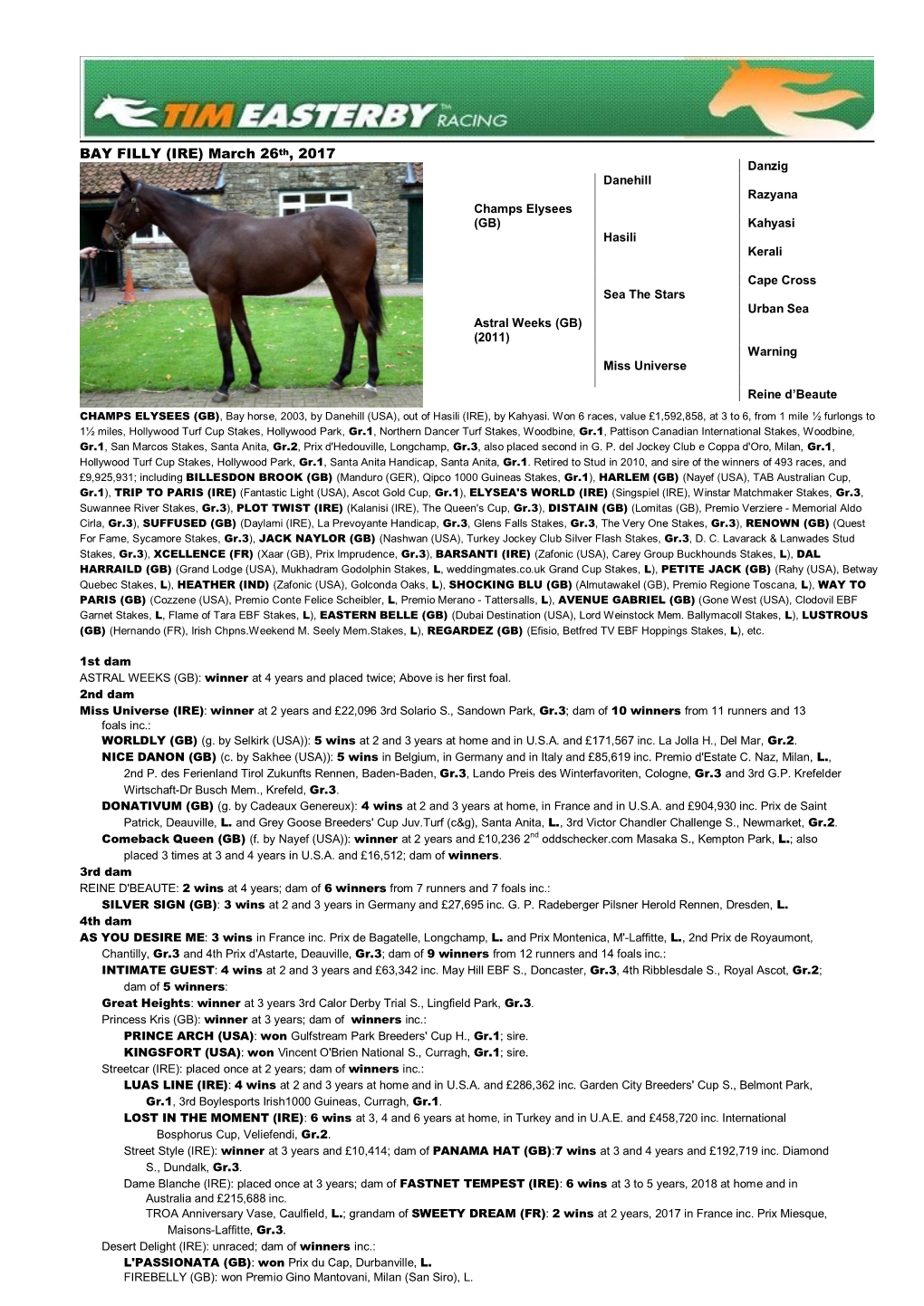 BAY FILLY (IRE) March 26Th, 2017 Danzig Danehill Razyana Champs Elysees (GB) Kahyasi Hasili Kerali