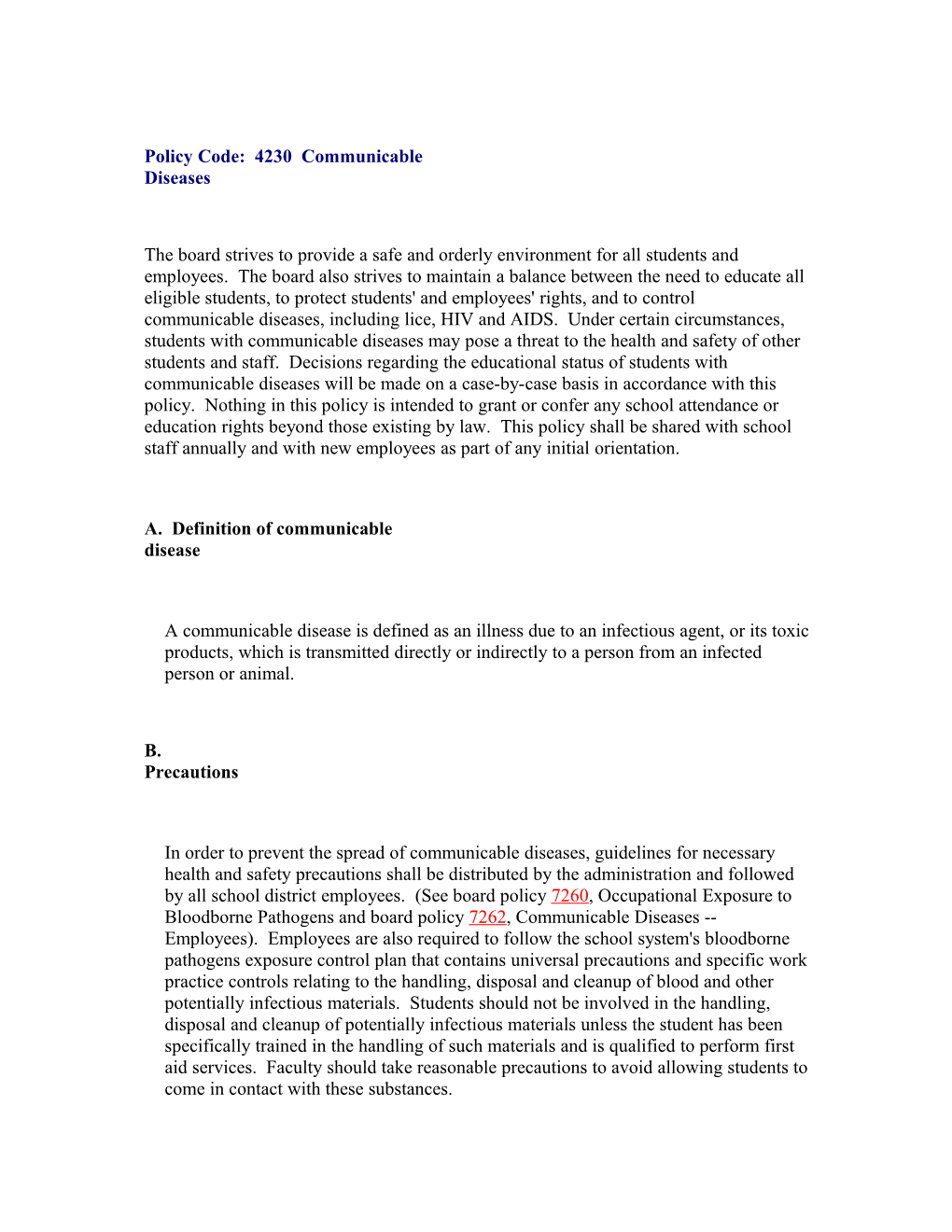 Policy Code: 4230 Communicable Diseases