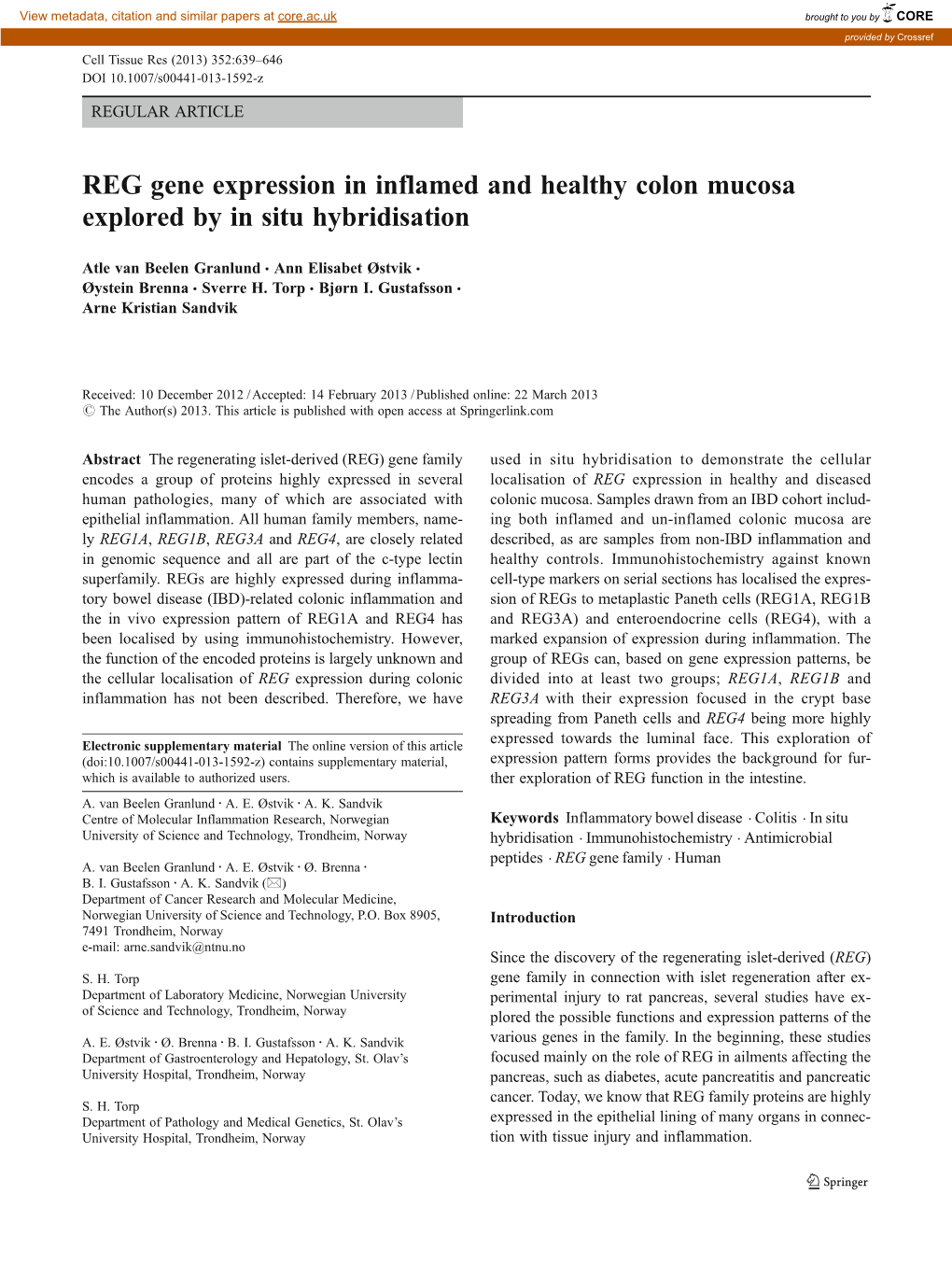 REG Gene Expression in Inflamed and Healthy Colon Mucosa Explored by in Situ Hybridisation